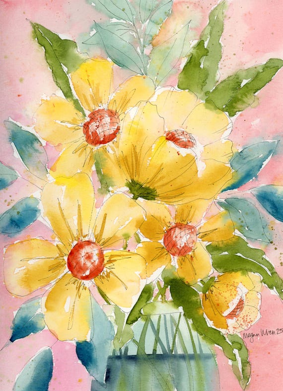 Yellow Floral Watercolor Painting, 'Sunny Sundays' 9x12 colorful original artwork, yellow floral wall decor, Mother's Day painting