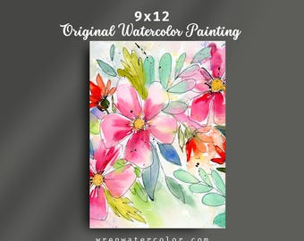 Flower Wall Decor, Colorful Floral Watercolor Painting 9x12
