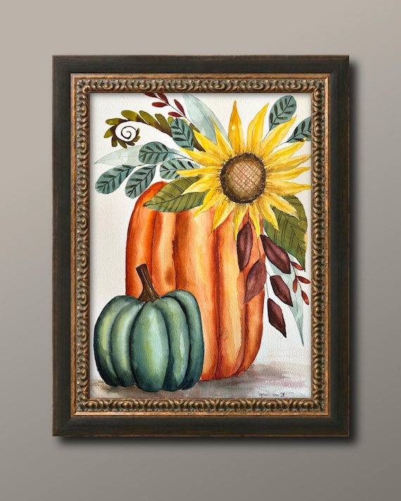 Fall Floral Pumpkin Watercolor Painting "Oh My Gourd" 11x15 Autumn artwork