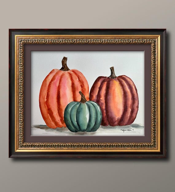 Fall pumpkin watercolor painting "Fall is in the Air" 11x15 This is not a print, original artwork, home decor