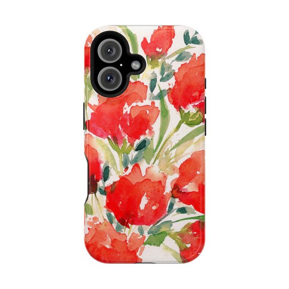 Red Watercolor Floral Protective Phone Case