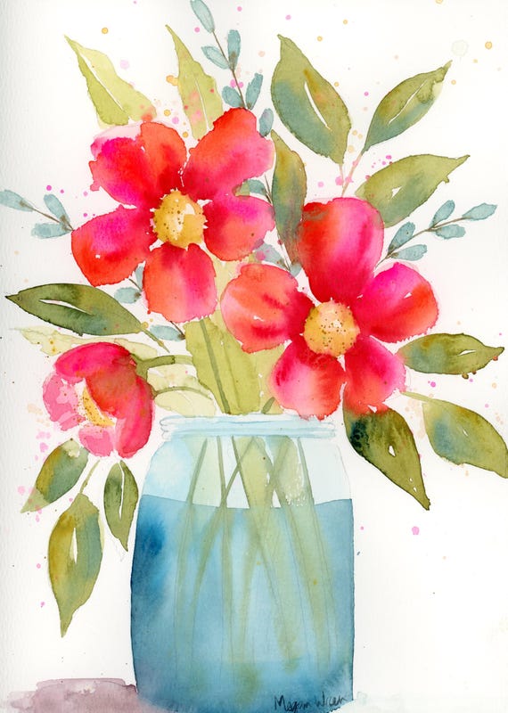 Yellow Floral Watercolor Painting, 'Jar full of Joy' 9x12 colorful original artwork, yellow floral wall decor, Mother's Day painting