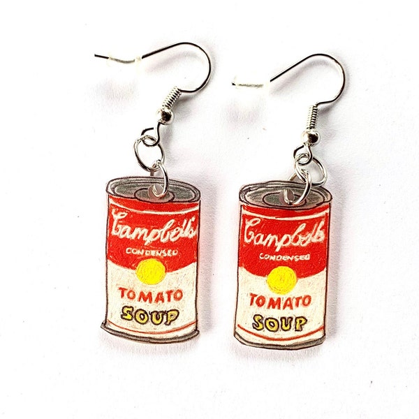Soup Can Earrings, Andy Warhol inspired Earrings, Campbell's Soup Earrings, Pop Art Earrings, Funky Earrings