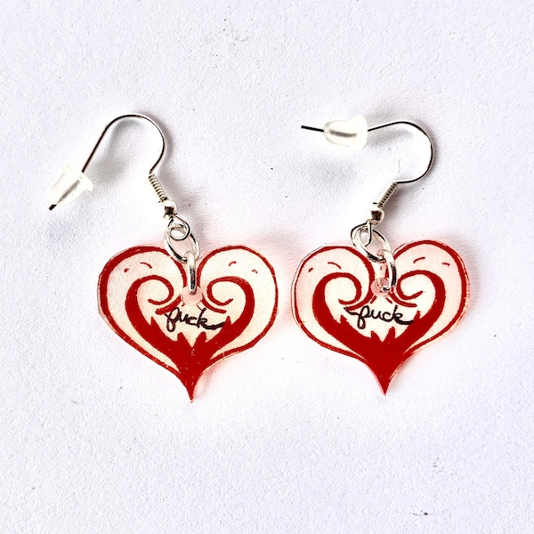 Fuck You Earrings, Fuck Earrings, Heart Earrings, Swear Word Earrings, Curse Word Earrings