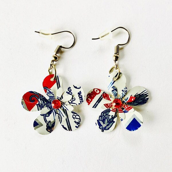 Red, White and Blue Earrings, Beer Can Earrings, Fourth of July Earrings, Pabst Blue Ribbon Earrings, Recycled Earrings, Soda Can Earrings