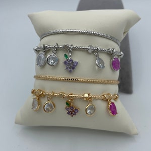 Fidget grape,stainless steel dainty grape bracelet,charmy bracelet,pink zircon charms, dainty grape bracelet,cool charms,fruit bracelet