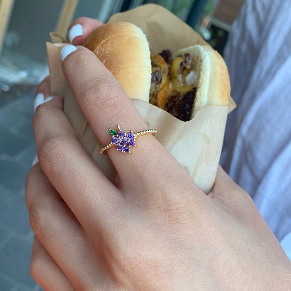 Dainty Cherry ring,delicate ring,18k gold filled,minimalist ring,elden ring,crystal fruit,fidget ring,purple grape ring, adjustable ring