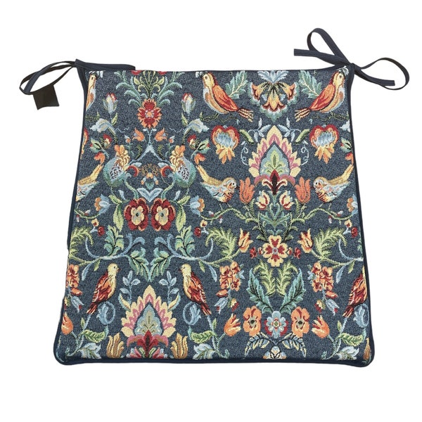 William Denim Tapestry (William Morris Design) Tapered Tie-On Seat Pad. Garden/Patio/Kitchen/Dining