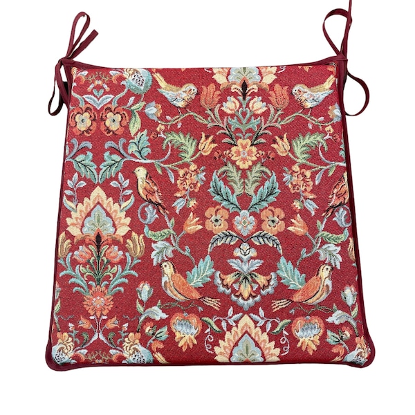 William Red Tapestry (William Morris Design) Tapered Tie-On Seat Pad. Garden/Patio/Kitchen/Dining