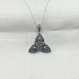 925 Sterling Silver Triquetra with Sun Moon and Stars Necklace | Pendant | Celtic Knot | Witch | Wiccan | Goddess Symbol | Gift Idea