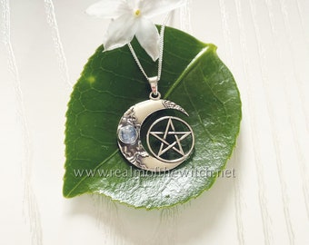 Triple Moon Pentacle Pendant - Sterling Silver Wiccan Necklace With Rainbow Moonstone (1 Inch Diameter)