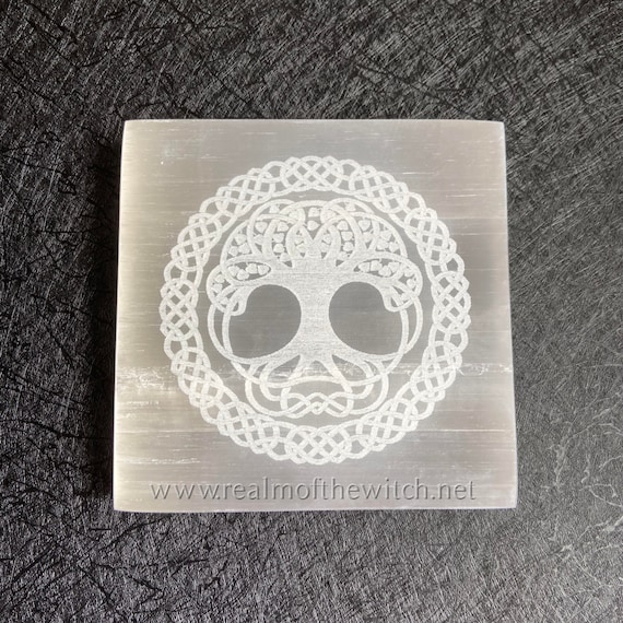Selenite Charging Plate: Engraved Tree of Life, Celtic Knot