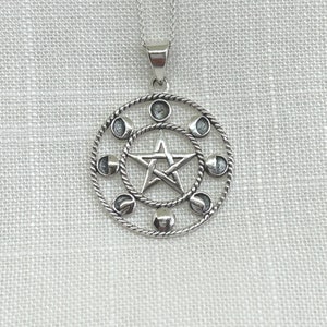 925 Sterling Silver Moon Phases and Pentagram Necklace | Pendant | Pagan | Wiccan | Wicca | Witches Jewellery | Celestial | Pentagram