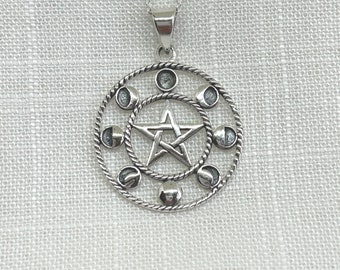 925 Sterling Silver Moon Phases and Pentagram Necklace | Pendant | Pagan | Wiccan | Wicca | Witches Jewellery | Celestial | Pentagram