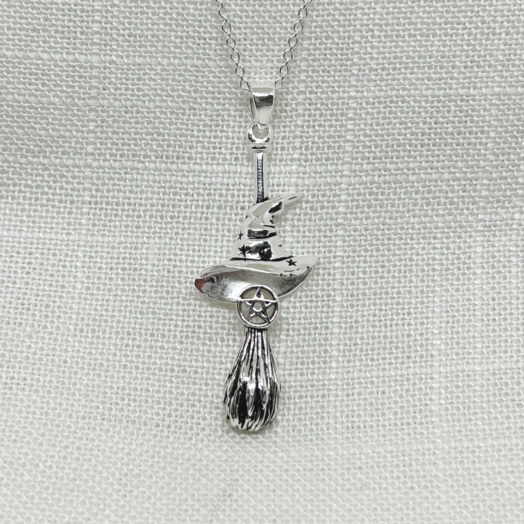 Sterling Silver Witch Hat Broomstick Necklace: Pagan Wiccan Jewelry - Etsy