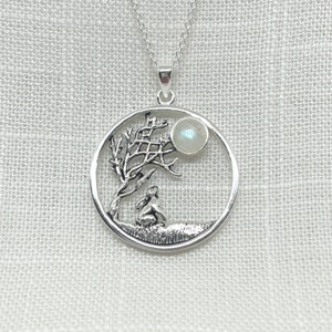 925 Sterling Silver Moon Gazing Hare and Rainbow Moonstone Necklace | Jewellery | Celtic | Goddess | Spring Equinox | Ostara | Pagan | Wicca