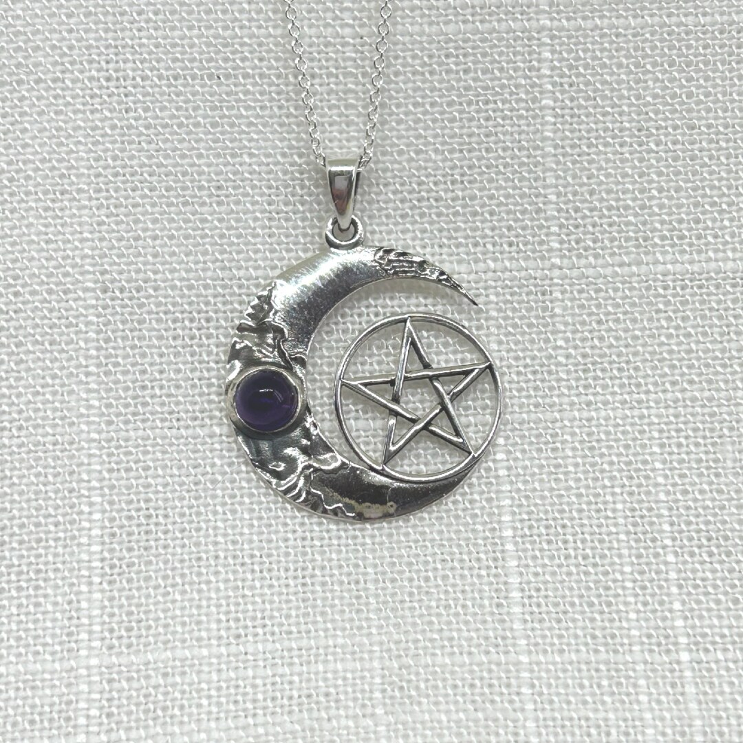Sterling Silver Moon & Pentacle Pendant Necklace With Natural Amethyst Stone