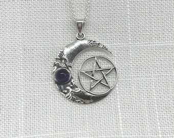 925 sterlingzilveren ketting maan en pentagram met amethist | Heks | Heidens | Wicca | Cadeaus voor heksen | Pentagram | Bescherming: