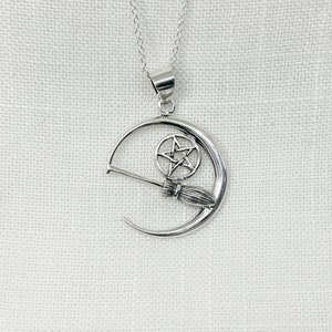 925 Sterling Silver Crescent Moon with Broomstick Necklace | Silver Jewellery | Pendant | Pagan | Wiccan | Gifts for Witches | Besom