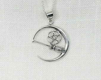 Sterling Silver Crescent Moon Broomstick Necklace: Wiccan Pagan Jewelry