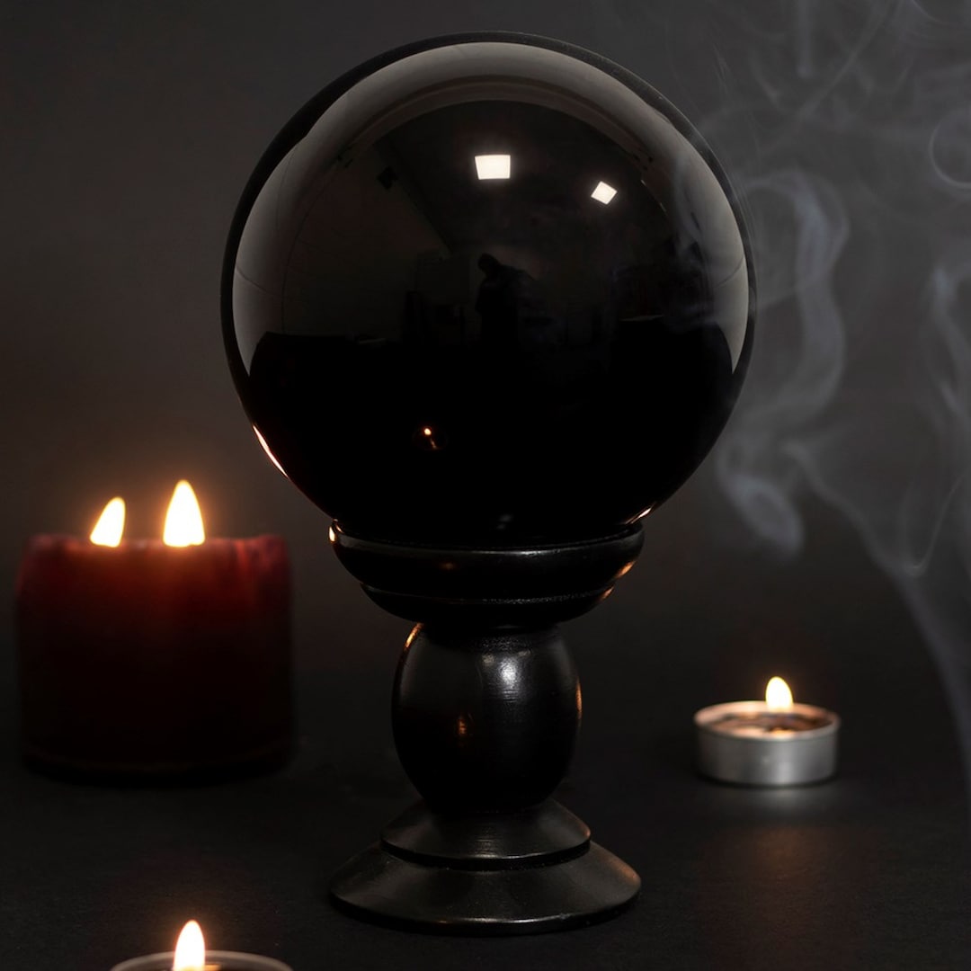 Large Black Glass Crystal Ball on Stand Divination Crystal Ball Gazing ...