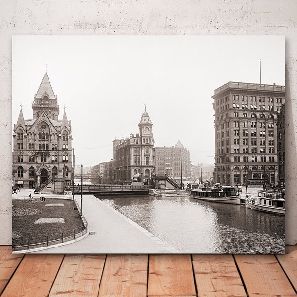 Vintage Syracuse photo, old Syracuse NY Erie Canal at Salina Street,  Syracuse New York decor print.