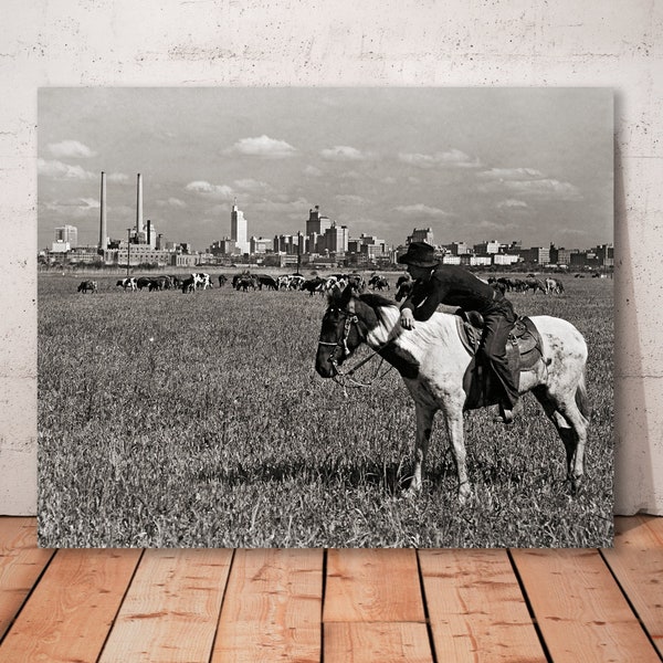 Cowboy on horseback overlooking Dallas skyline, vintage Dallas photo, old Texas photo, Dallas Cowboy, cowboy print, Texas cowboy art print.