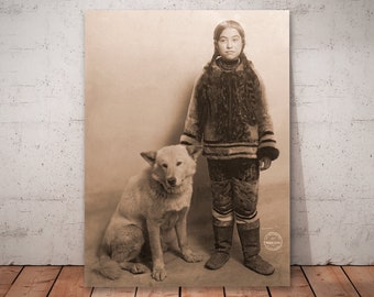 Inuit girl and dog, Inuit photo, Inuit wall art, Inuit print, old Inuit portrait, Inuits, Inuit art print.