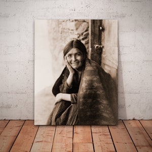 Young Navajo girl smile by Edward Curtis, Navajo Indian, Navajo tribe, Navajo Curtis, Curtis native portrait, Curtis Indian woman, art print