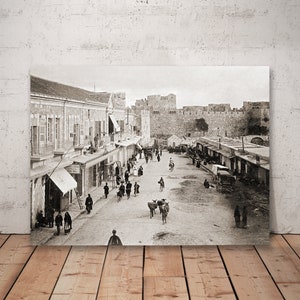 Antique Jerusalem photo, Jaffa Road near Jaffa Gate, historic black and white Jerusalem decor.