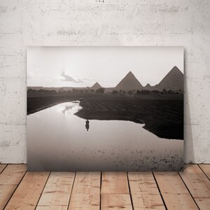 Egypt Cairo 1900s, Evening scene of Nile overflow near pyramids, Cairo print vintage, Egypt home decor, Egypt photo art print.