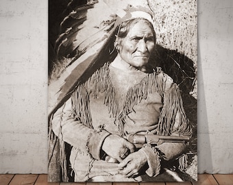 Apache Chief Geronimo portrait holding revolver, Apache Indians, Geronimo photo, Geronimo print.