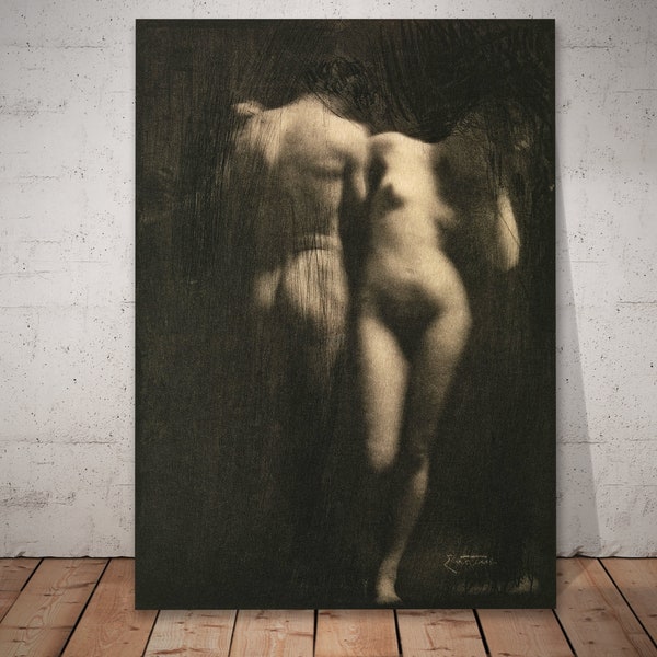 Adam et Eve, par Frank Eugene, clair-obscur profond et surface rayée suggérant Adam et Eve après la chute, impression d'art photographique.
