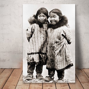 Two Inuit children, Nome, Alaska. ca. 1900, vintage cute Inuits photo decor, old Inuit art print.