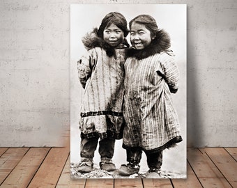 Two Inuit children, Nome, Alaska. ca. 1900, vintage cute Inuits photo decor, old Inuit art print.