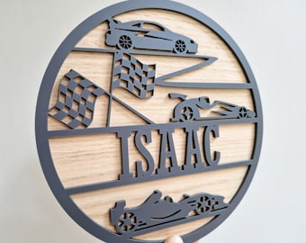 Racing Cars Name Sign for Kids Bedroom, Nursery Door Plaque, Vehicle Theme Baby Room Decor, Wood Transport Wall Art, Personalised Car Round