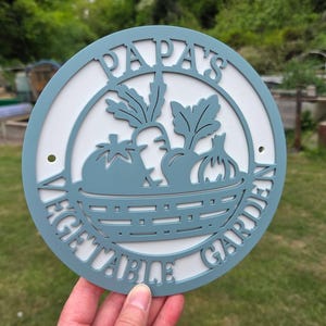 May include: A circular, two-layered sign featuring a dusty blue top layer with cutouts and a solid white back layer. The text "PAPA'S VEGETABLE GARDEN" is cut out along the border, surrounding a central graphic of vegetables in a basket.