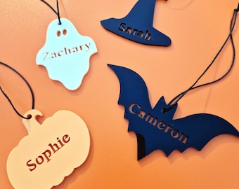 Personalised mini hanging Halloween decoration ornaments, orange, black, white Halloween decorations, Ghost, Bat, Pumpkin and witches hat