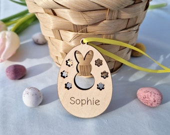 Personalised Mini Wooden Easter Bunny Gift Tags, Rabbit & Flowers, Custom Engraved Basket Tags, Easter Tree Decorations, Hanging Ornament