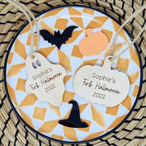 Mini personalised wooden first halloween tags, wood ghost pumpkin, custom engraved 1st halloween gift basket tag, first halloween decoration