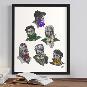 May include: A digital illustration of six men with different colored flowers growing from their beards. The men are drawn in black and white, and the flowers are in various colors, including purple, yellow, green, red, blue, and orange.