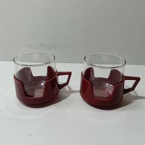 Vintage JAJ Pyrex like Duralex/ Arcoroc/Bodum Clear Glass Coffee Cup Espresso Tea Cups Glassware Set of 2 Made in england plastic handle