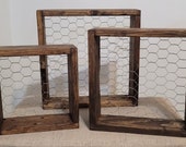 Rustic reclaimed pallet wood with chicken wire floating box shelf, set of 3