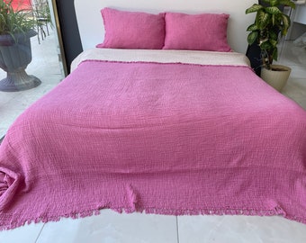 Gemütliche Musselin Decke, 100% Baumwolle Musselin Komfort Tagesdecke, Hergestellt in der Türkei, 4-lagige Decke aus weichem Musselin für alle Jahreszeiten,Fuschia Pink