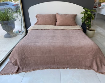Cozy Muslin Blanket, 100% Cotton Muslin Comfort Bedspread, Made in Turkey, 4 Layers Soft Gauze Blanket for All Seasons, Brown