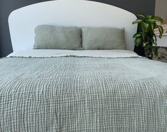 Gemütliche Musselin Decke, 100% Baumwolle Musselin Komfort Tagesdecke, Hergestellt in der Türkei, 4-lagige Decke aus weichem Musselin für alle Jahreszeiten, Salbeigrün