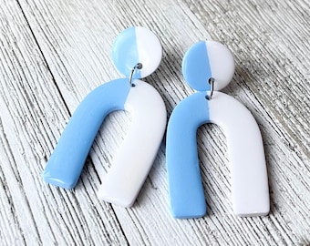 Half Blue Half White Arches, Carolina Graduation Earrings, Polymer Clay Earrings