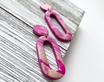 Pink Open Oval Earrings, Pink Marble Polymer Clay Earrings, Cutout Oval Drop Earrings, Boho Jewelry