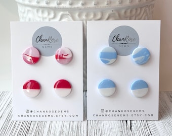 Marble and Half Stud Pack, Blue and White Studs, Red and White Studs, Polymer Clay Earrings, UNC Tar Heel Earrings, NC State Earrings