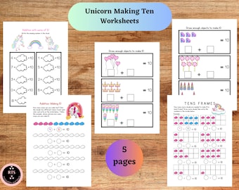 Unicorn Making Ten Worksheets, teaching material kindergarten to second grade, preschool worksheets